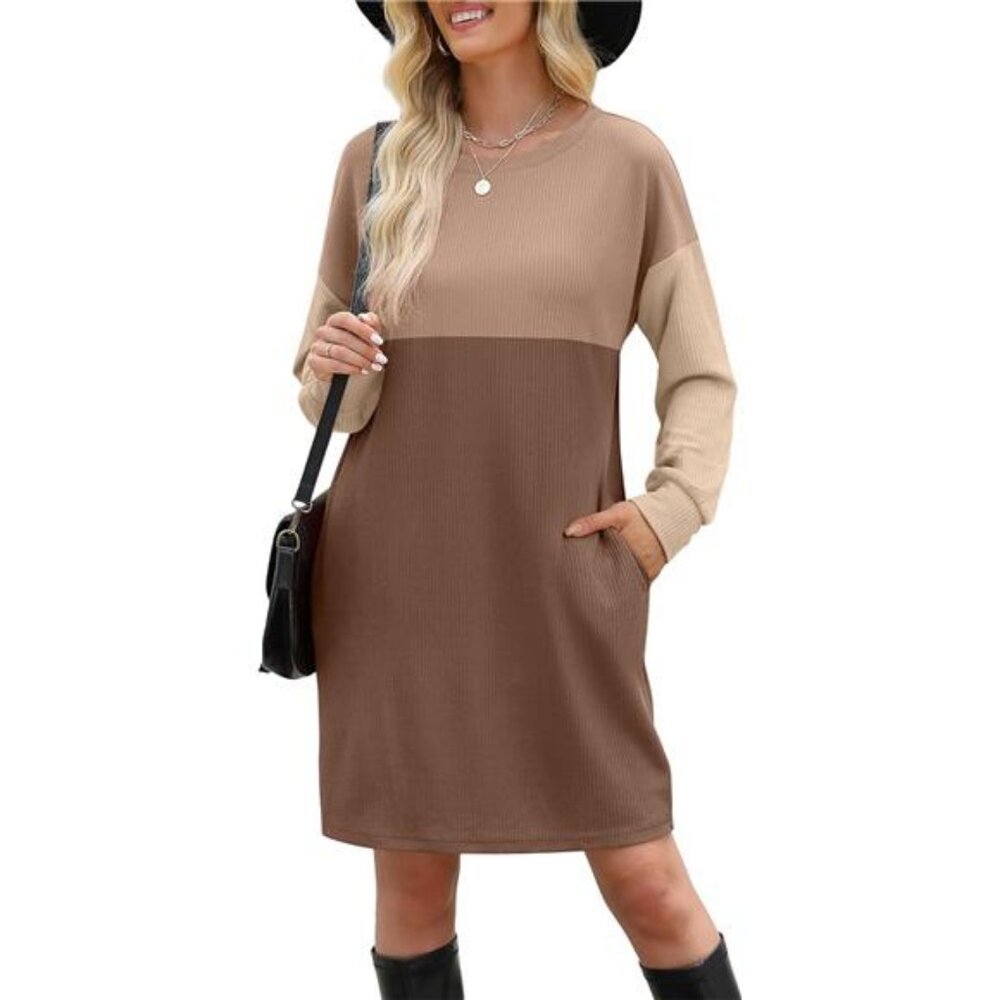 Womens Long Sleeve Dress Loose Fit Casual Crewneck Flowy Mini Dresses w Pockets